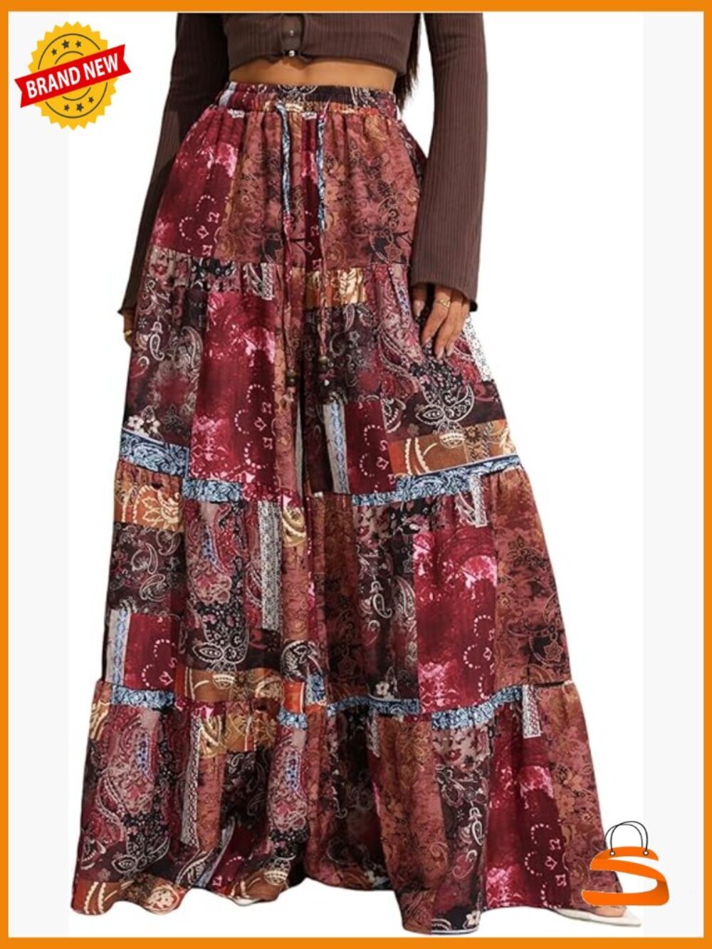 Hippie Ruffle Flowy Wide Leg Palazzo Pants Elastic Waist Vintage